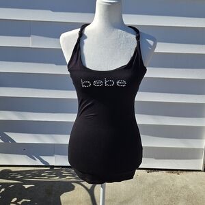 bebe Black Rhinestone Logo Knot-Shoulder Tank